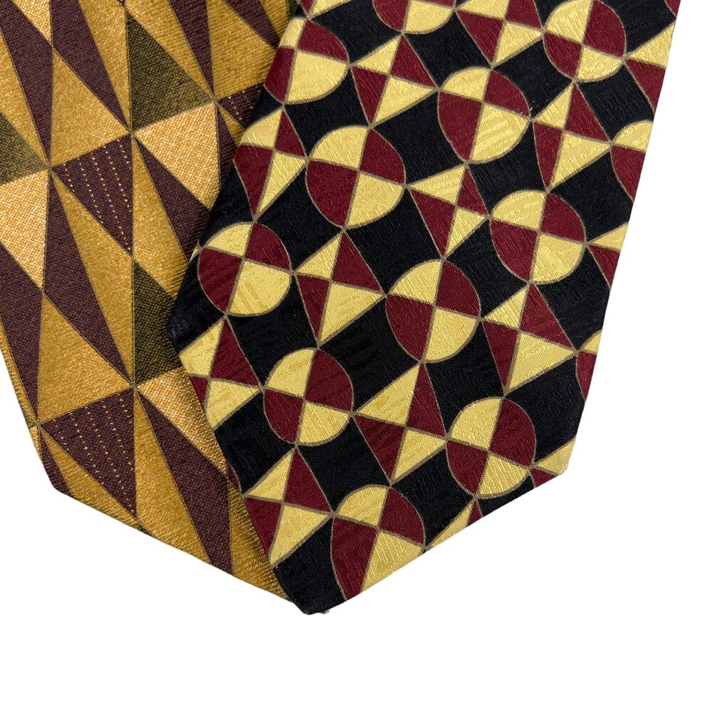 Tom James Bundle 2 Geometric Silk Neckties 60" Gold Cream Olive Purple Burgundy